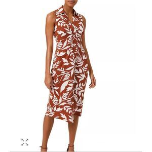 Hobbs London Nadia Leaf Print Midi Dress US 4 UK 8 Faux Wrap Stretch Sheath